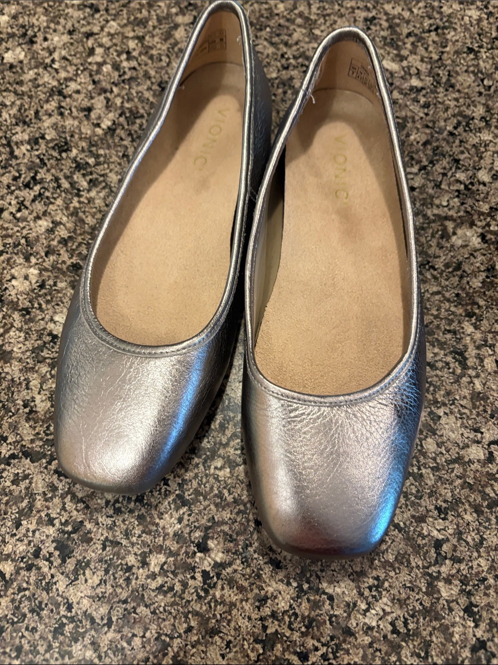 Vionic Metallic Silver Square-Toe Ballet Flats